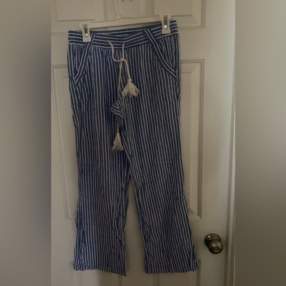 Wide legged blue and blue and white striped pants
